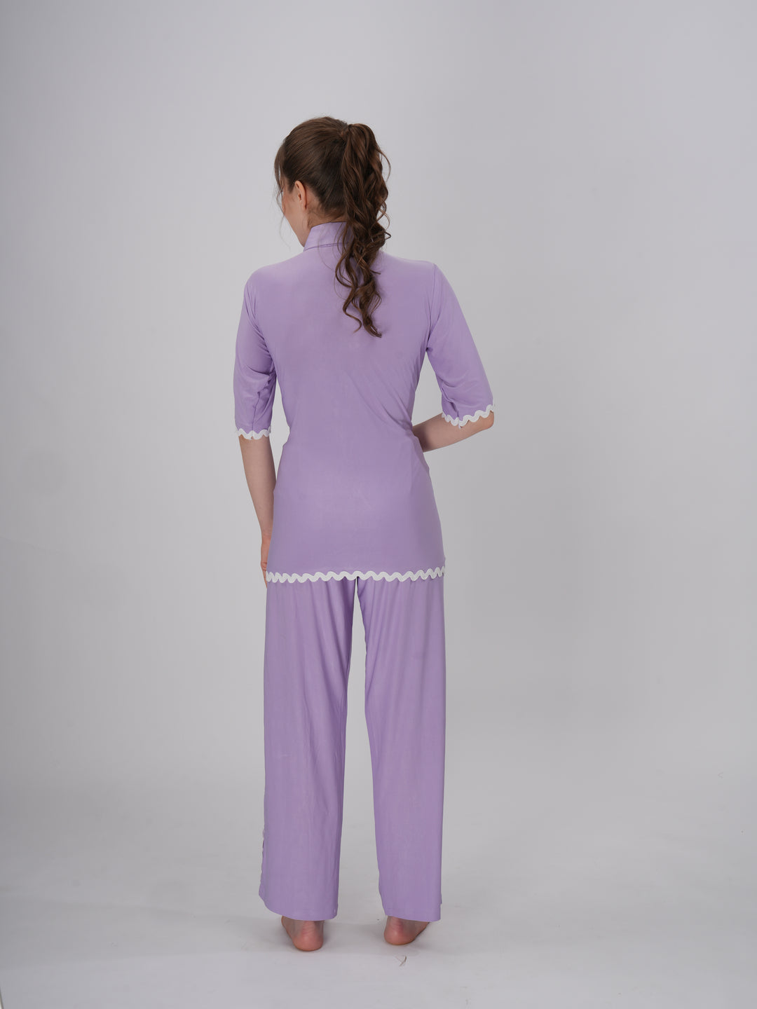 Soft lilac two-piece PJ set with white scallop trim and a sharp collar - Lilac Dreams PJ Set