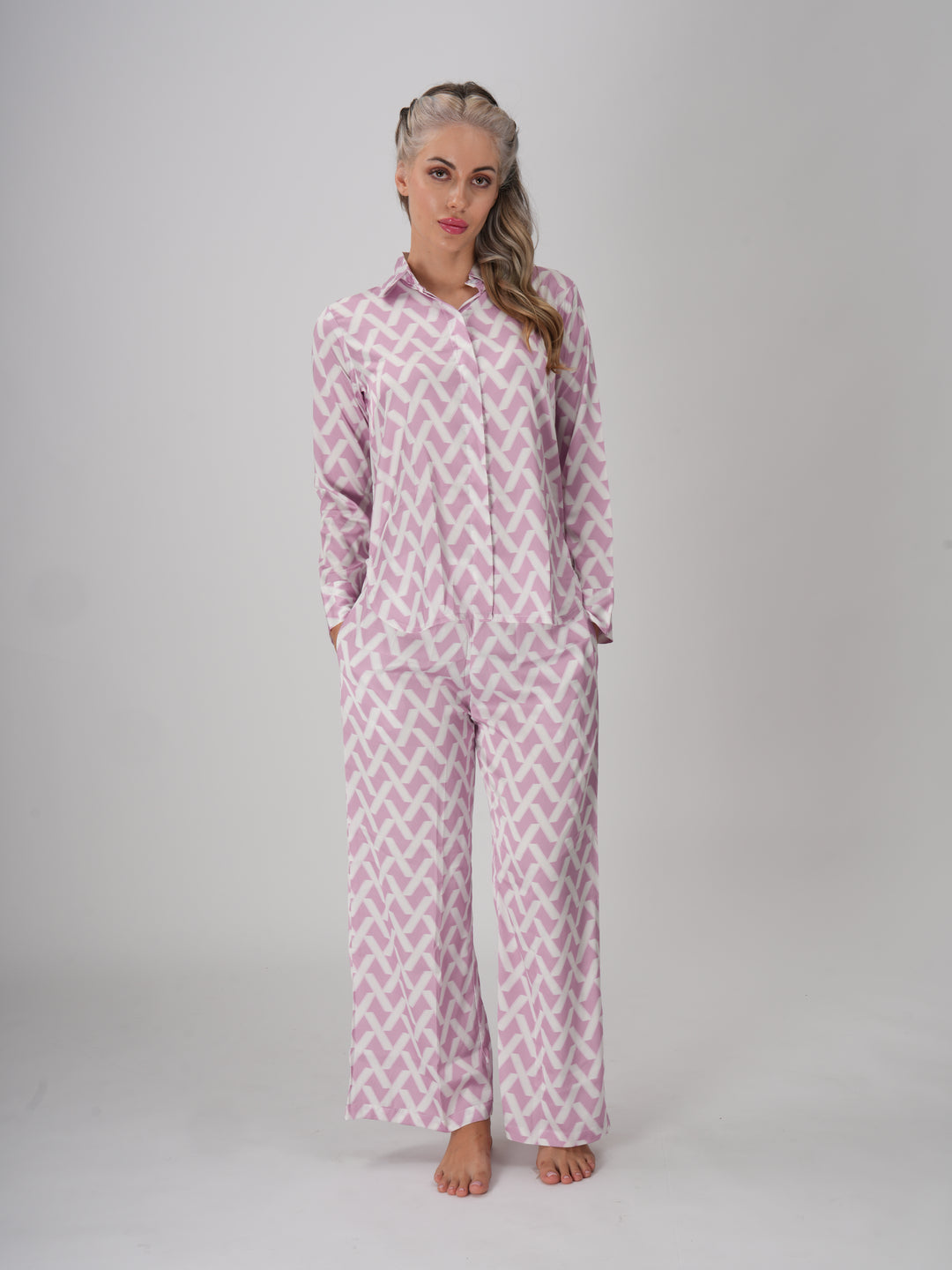 Pink & White abstract geometric print women’s coord set with long-sleeve shirt and wide-leg pants – Sweet Slumber Coord Set