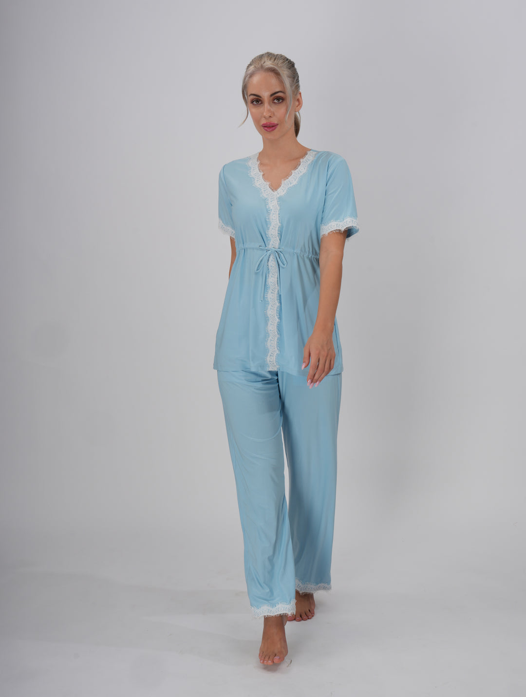 Elegant blue loungewear pajama set with lace accents on top and pants - Blue Haven PJ Set.