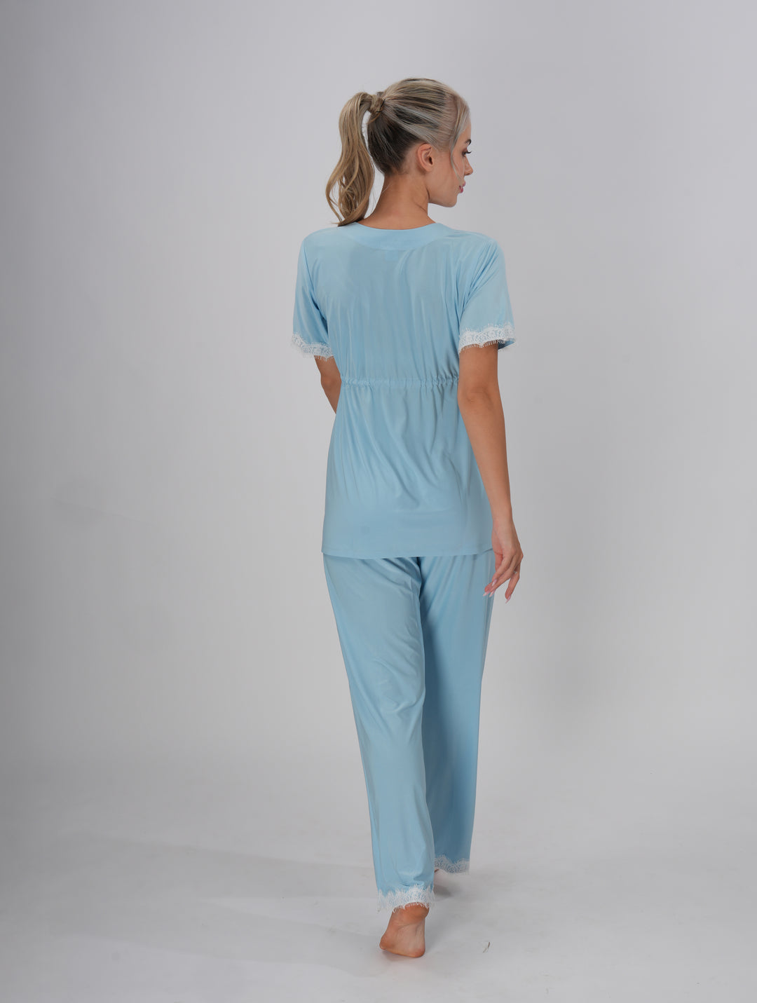 Elegant blue loungewear pajama set with lace accents on top and pants - Blue Haven PJ Set.