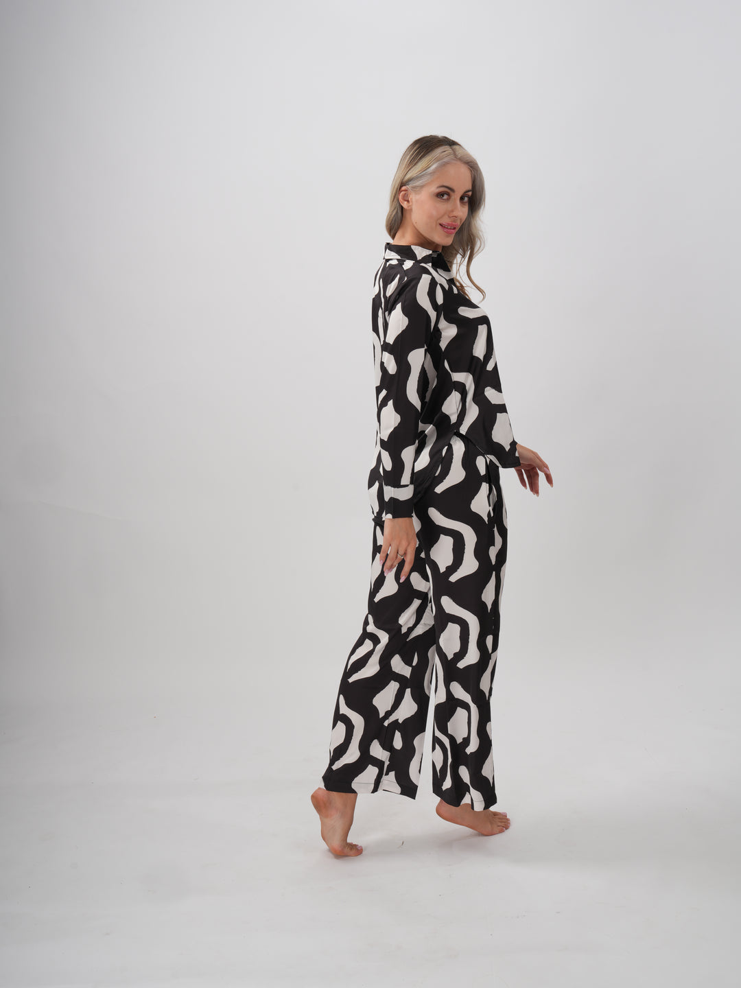 Black and white abstract print pajama set, consisting of a top and trousers - Bold & Ease Coord Set