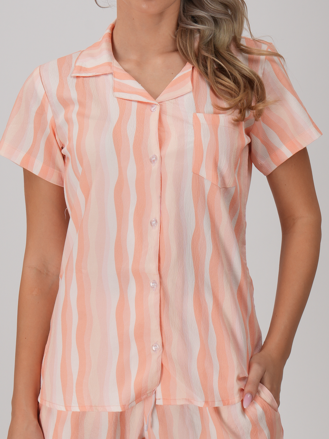 Two-piece coral striped short set with breezy half sleeves - Coral Delight Short Set