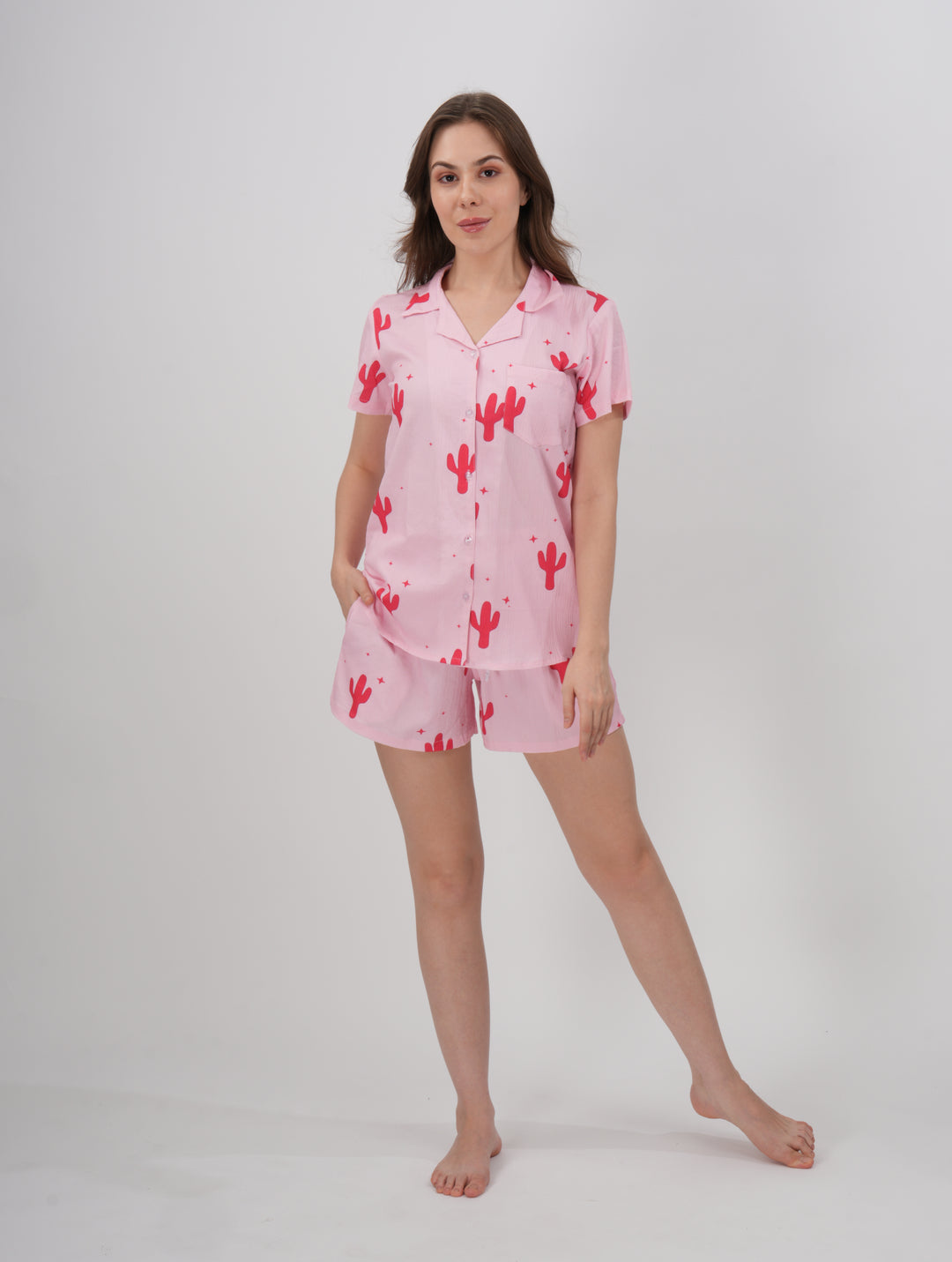 Pink cactus loungewear set with short sleeves and matching shorts - Desert Bloom Short Set