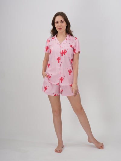 Pink cactus loungewear set with short sleeves and matching shorts - Desert Bloom Short Set