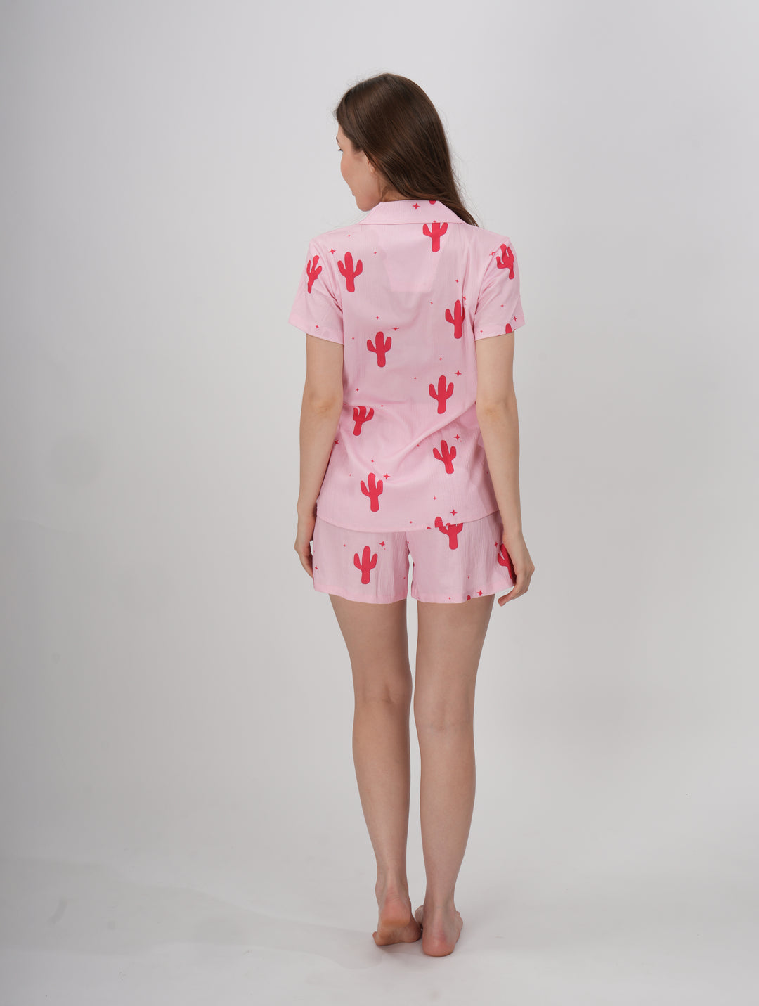 Pink cactus loungewear set with short sleeves and matching shorts - Desert Bloom Short Set