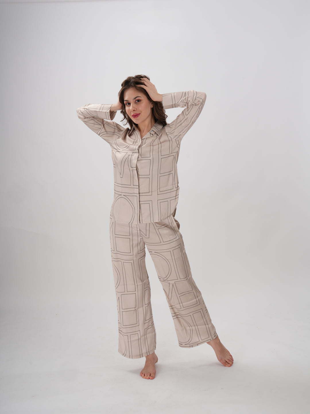 Beige and brown abstract geometric print women’s coord set with long-sleeve shirt and wide-leg pants – EverydayEdge Coord Set