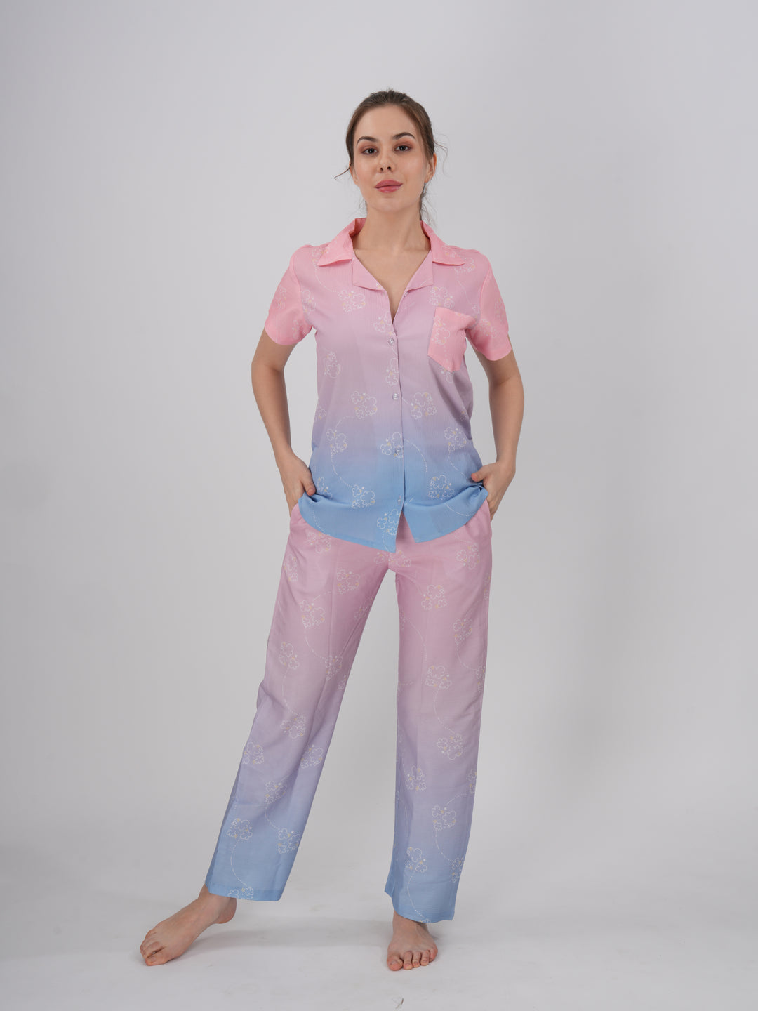 Women’s pajama set with dreamy pink to blue ombre look - Hues of Haven PJ Set