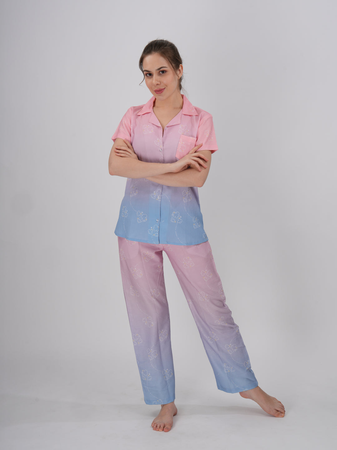 Women’s pajama set with dreamy pink to blue ombre look - Hues of Haven PJ Set