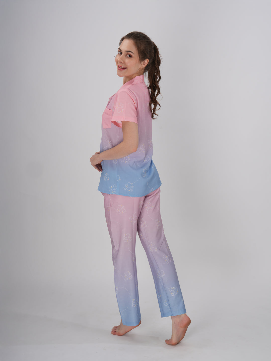 Women’s pajama set with dreamy pink to blue ombre look - Hues of Haven PJ Set