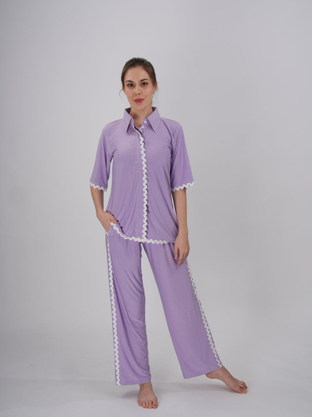 Soft lilac two-piece PJ set with white scallop trim and a sharp collar - Lilac Dreams PJ Set