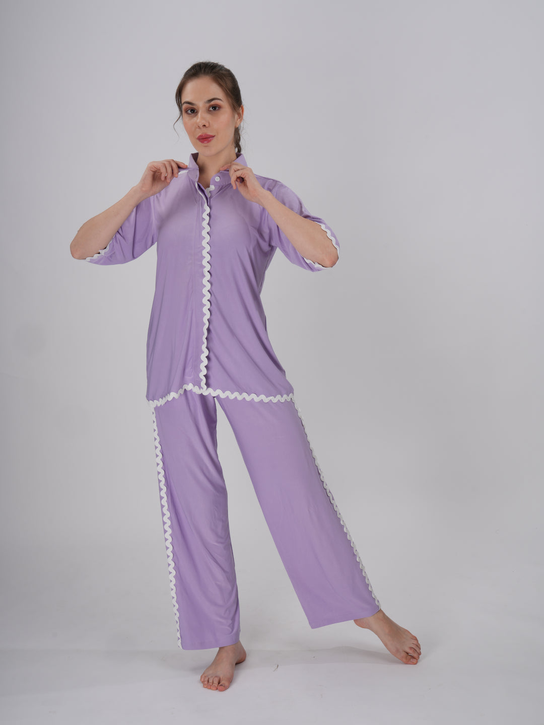 Soft lilac two-piece PJ set with white scallop trim and a sharp collar - Lilac Dreams PJ Set