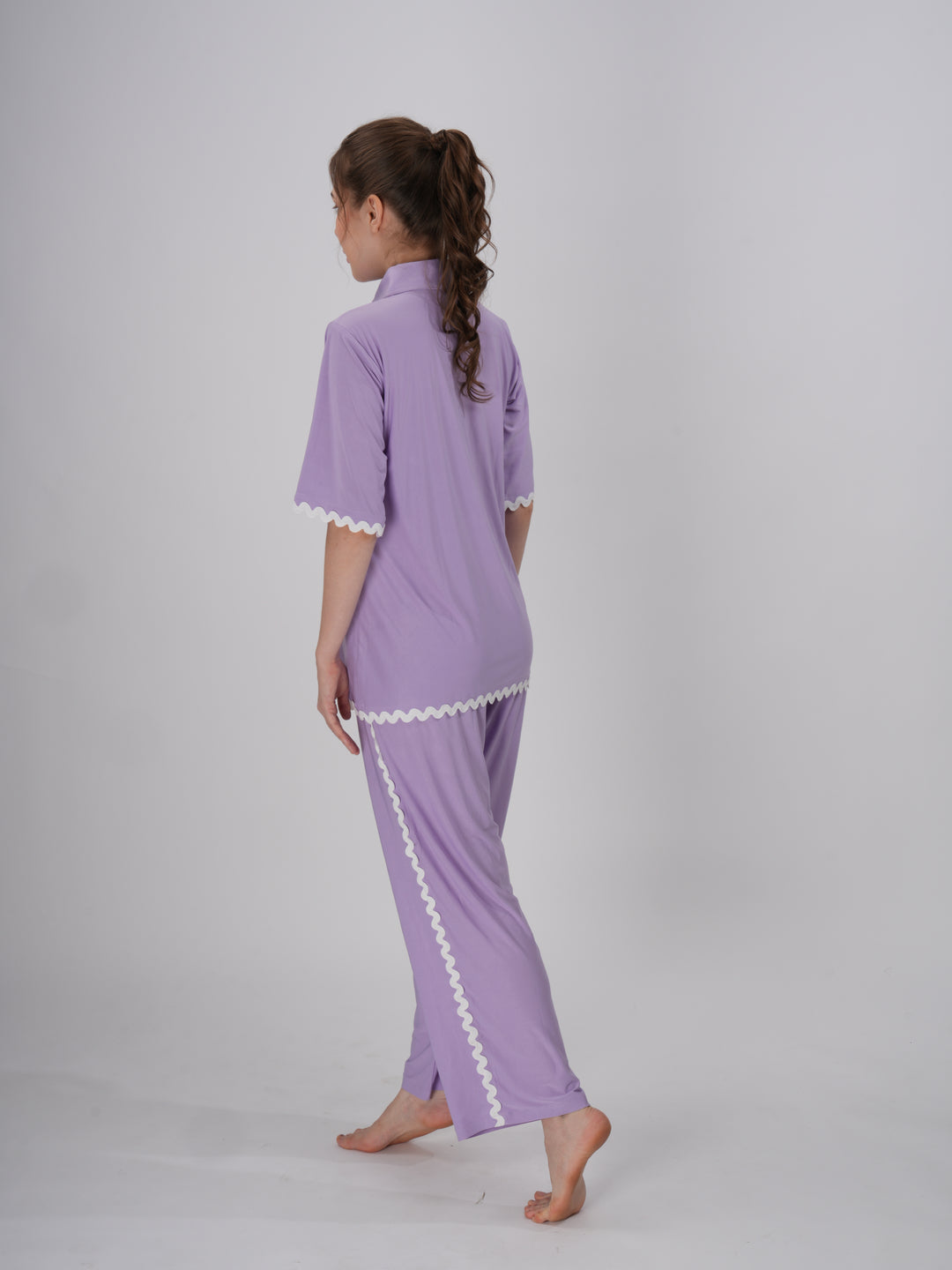 Soft lilac two-piece PJ set with white scallop trim and a sharp collar - Lilac Dreams PJ Set