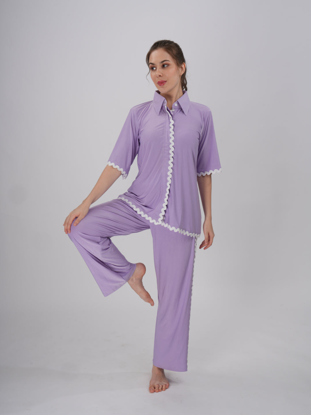 Soft lilac two-piece PJ set with white scallop trim and a sharp collar - Lilac Dreams PJ Set
