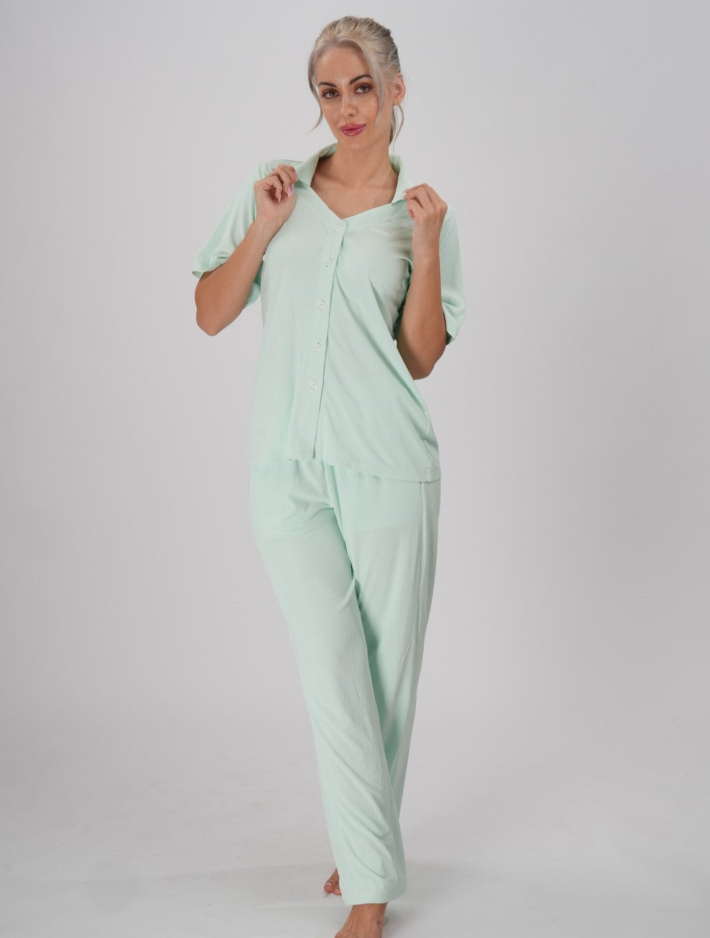Mint green short-sleeve top and full-length pants women’s loungewear set - Minted Calm PJ Set