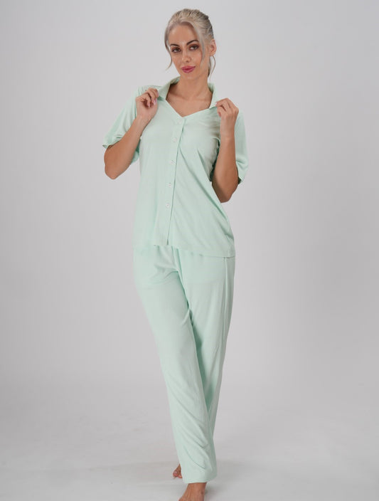 Mint green short-sleeve top and full-length pants women’s loungewear set - Minted Calm PJ Set