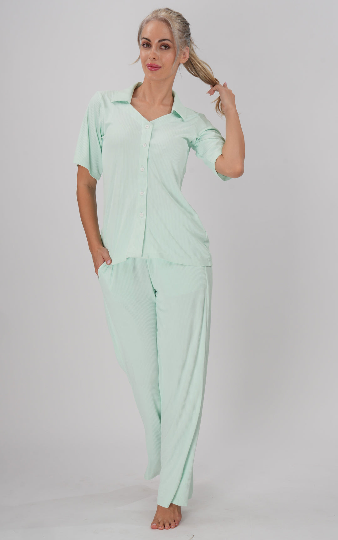 Mint green short-sleeve top and full-length pants women’s loungewear set - Minted Calm PJ Set