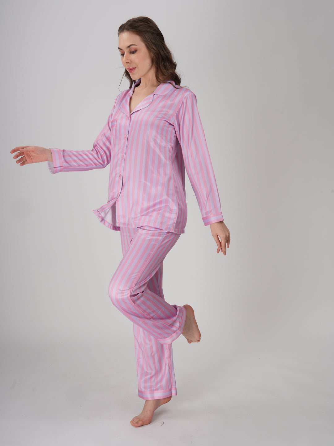 Blush pink striped satin pajama set with a classic collar and button-down shirt - Pink Wink PJ Set