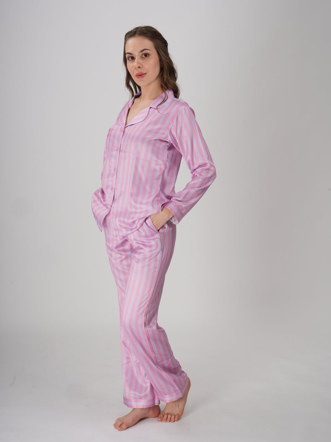 Blush pink striped satin pajama set with a classic collar and button-down shirt - Pink Wink PJ Set