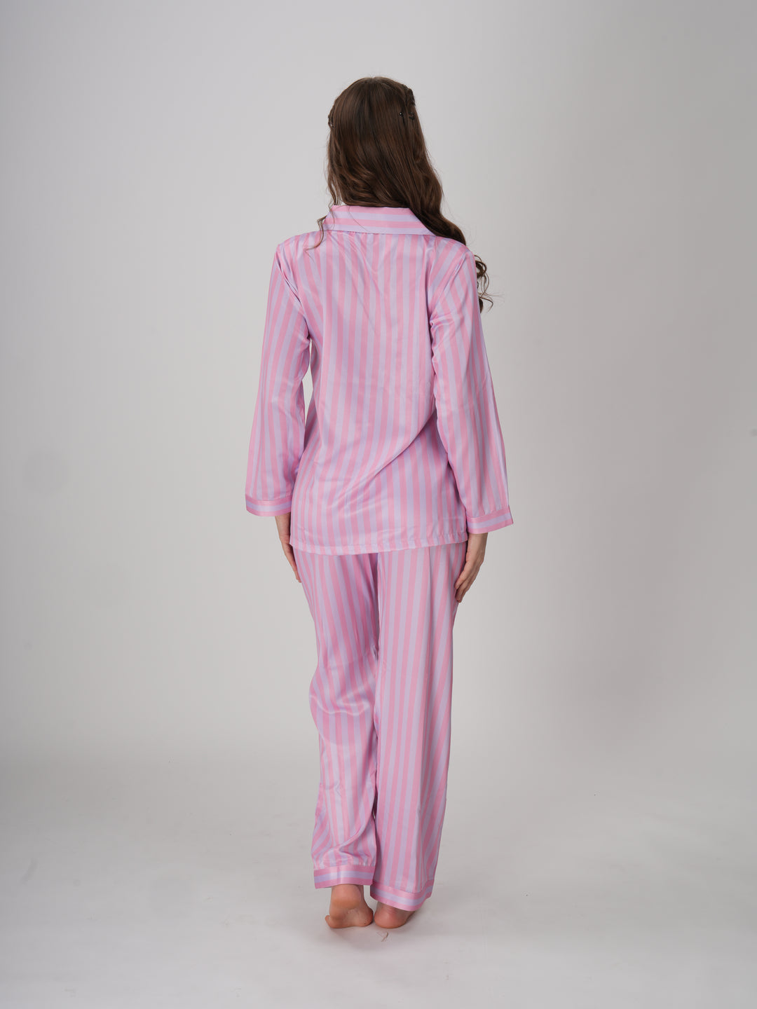 Blush pink striped satin pajama set with a classic collar and button-down shirt - Pink Wink PJ Set