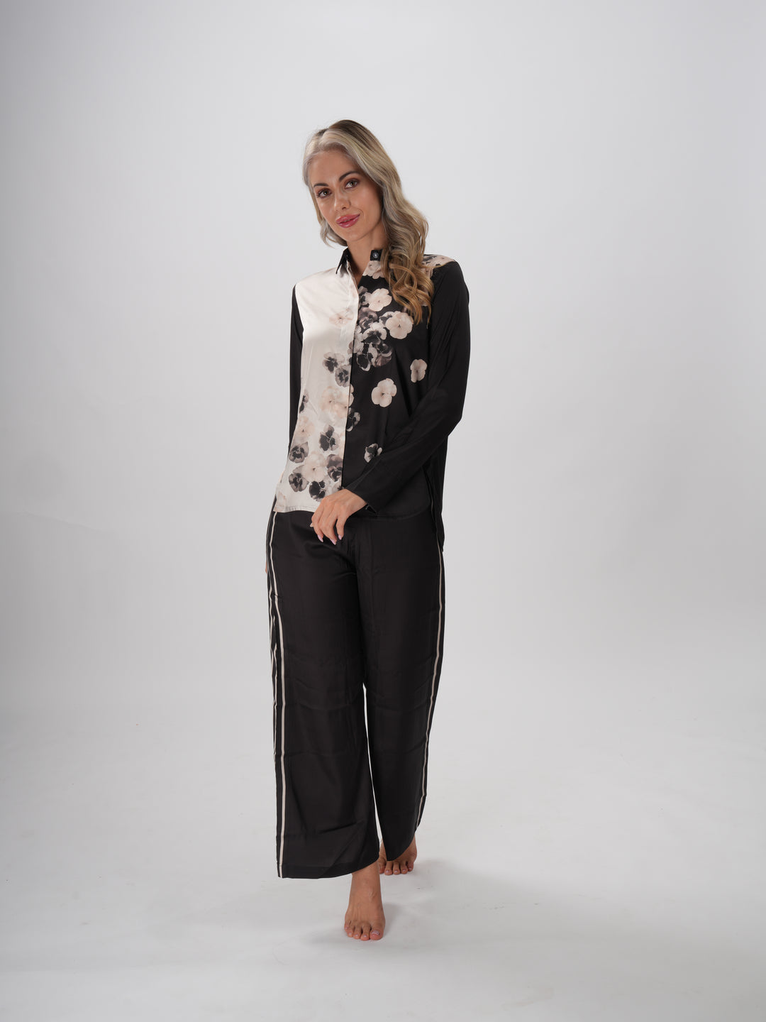 Black women’s pajama set with floral contrast panels and Plain Black Pants – Soft Bloom Coord Set