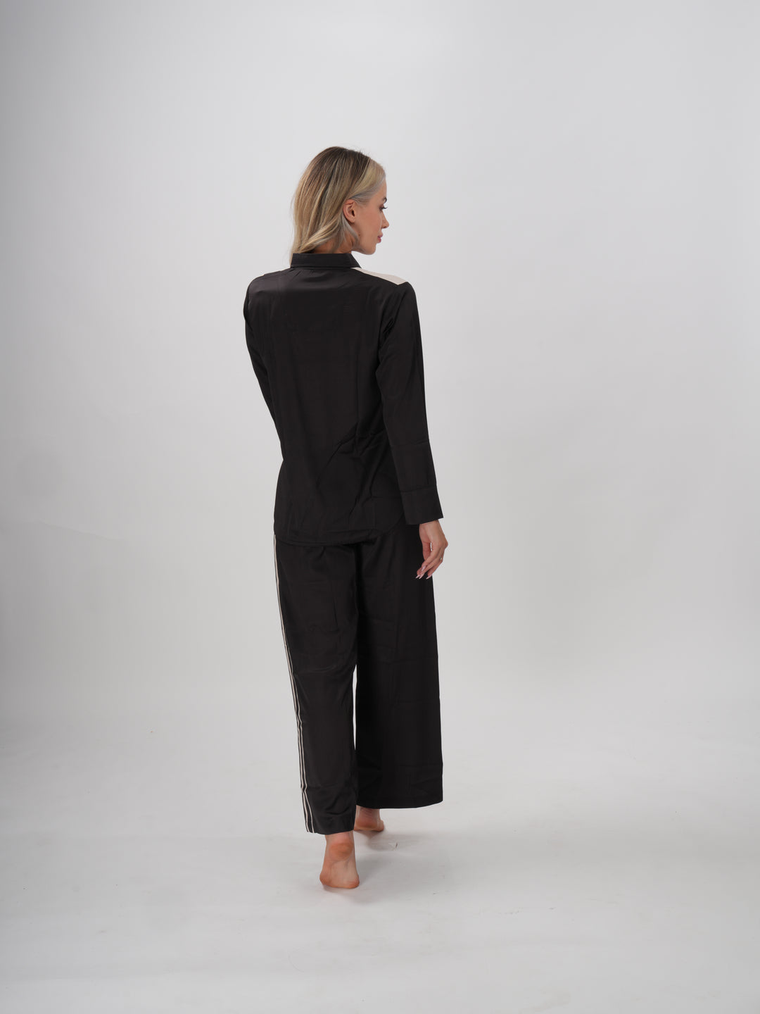 Black women’s pajama set with floral contrast panels and Plain Black Pants – Soft Bloom Coord Set