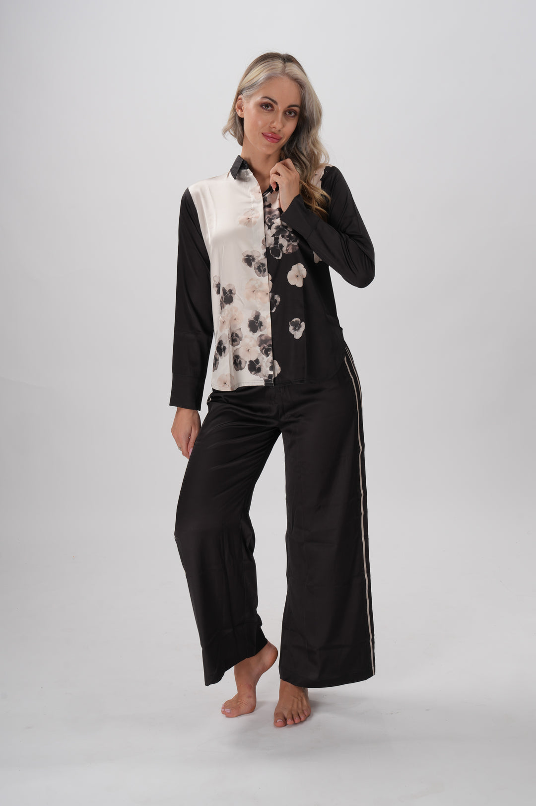 Black women’s pajama set with floral contrast panels and Plain Black Pants – Soft Bloom Coord Set