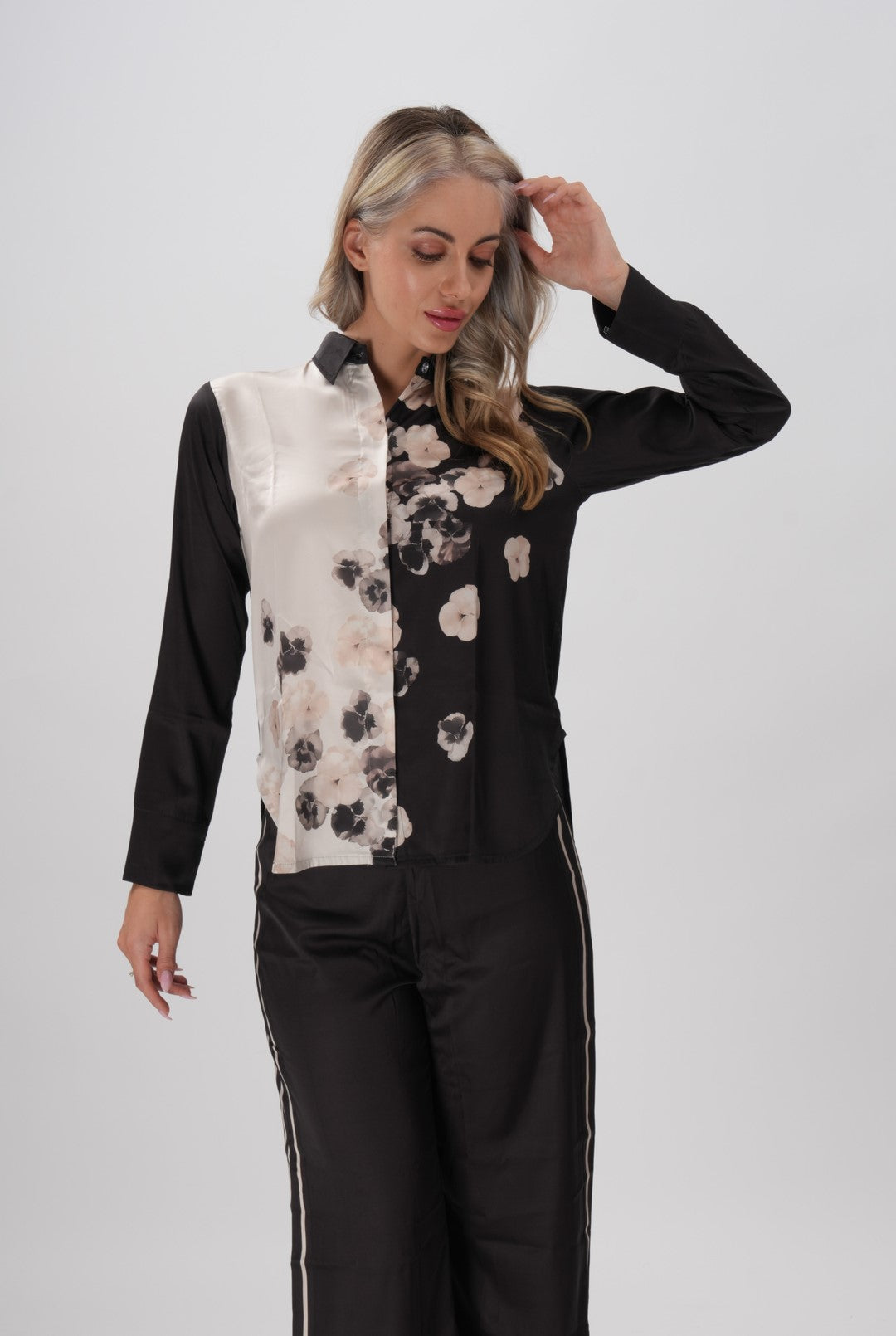 Black women’s pajama set with floral contrast panels and Plain Black Pants – Soft Bloom Coord Set