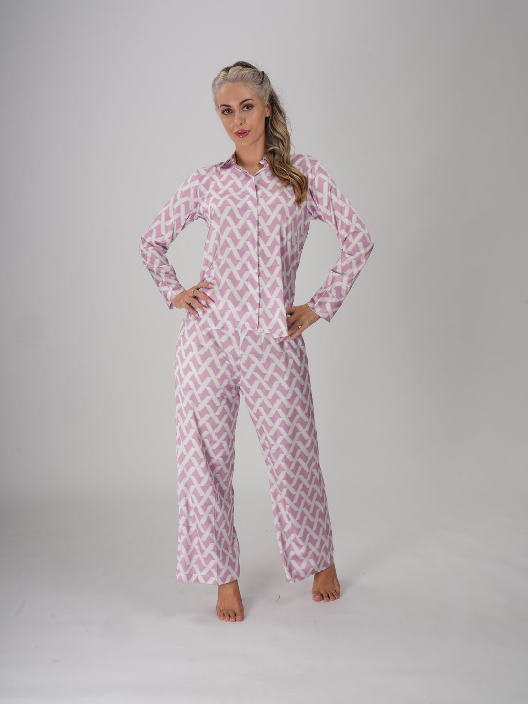 Pink & White abstract geometric print women’s coord set with long-sleeve shirt and wide-leg pants – Sweet Slumber Coord Set