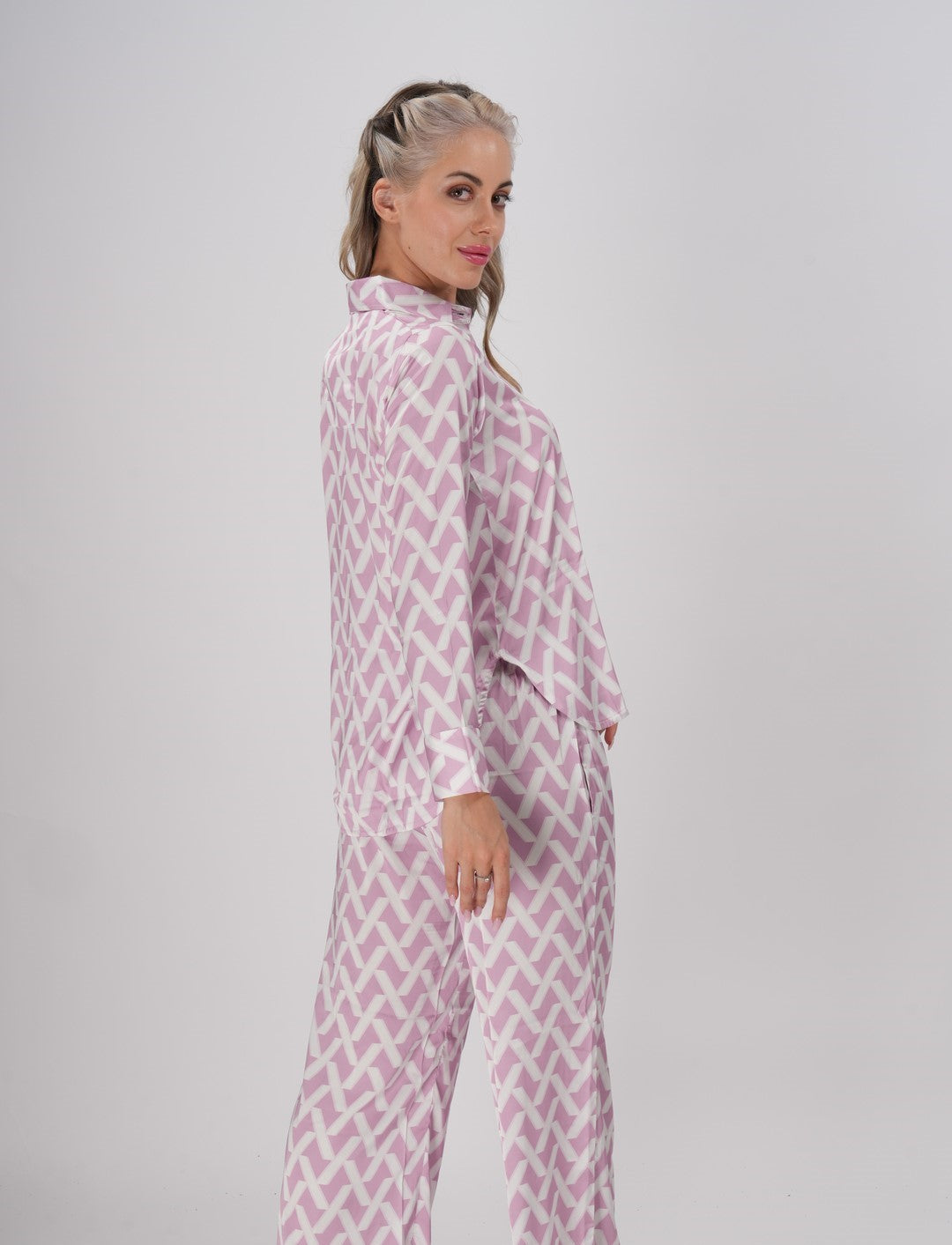 Pink & White abstract geometric print women’s coord set with long-sleeve shirt and wide-leg pants – Sweet Slumber Coord Set