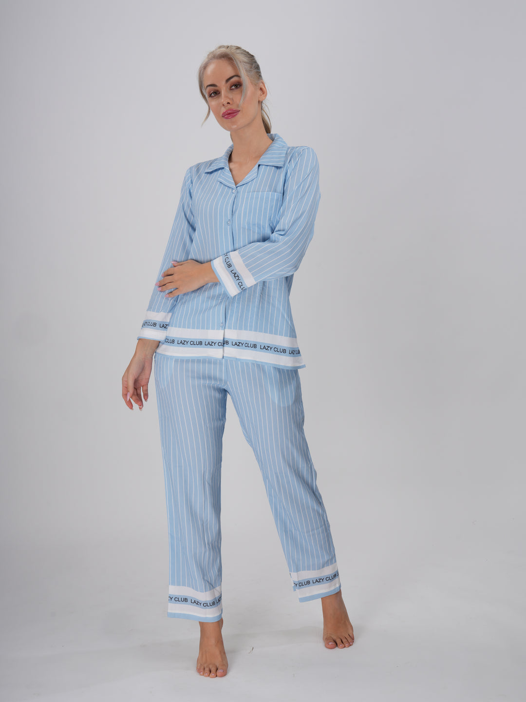 Women’s pastel blue striped pajama set with long sleeves – Morning Mist PJ Set