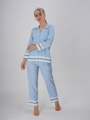 Women’s pastel blue striped pajama set with long sleeves – Morning Mist PJ Set