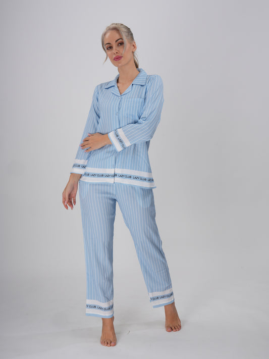 Women’s pastel blue striped pajama set with long sleeves – Morning Mist PJ Set