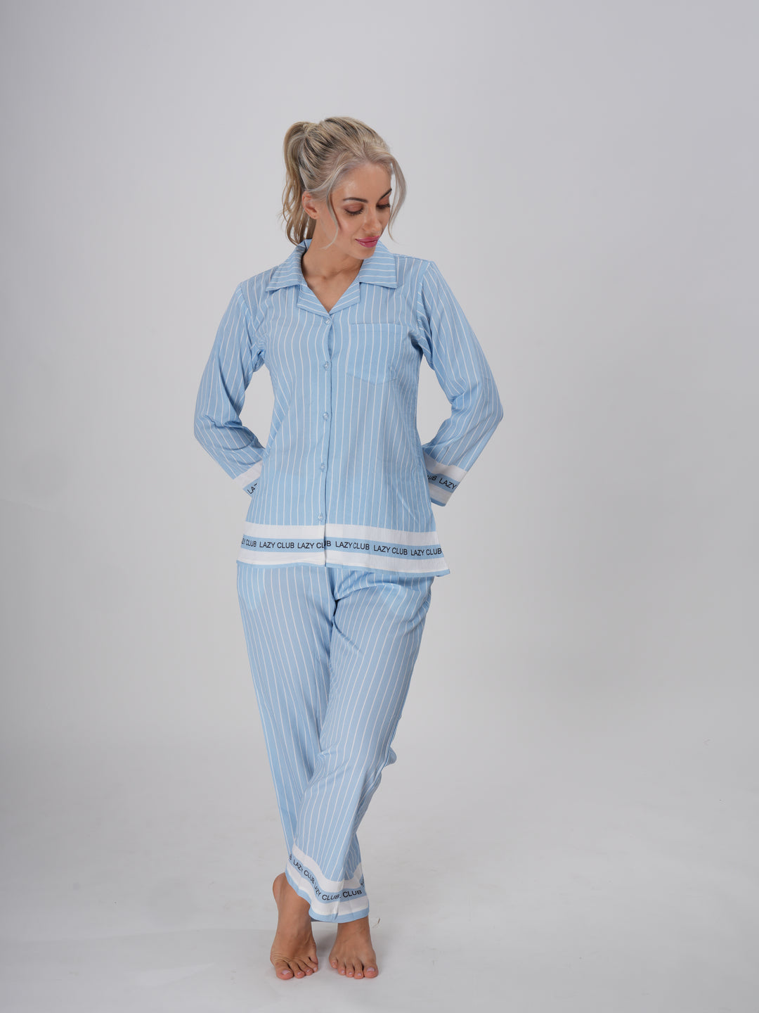 Women’s pastel blue striped pajama set with long sleeves – Morning Mist PJ Set