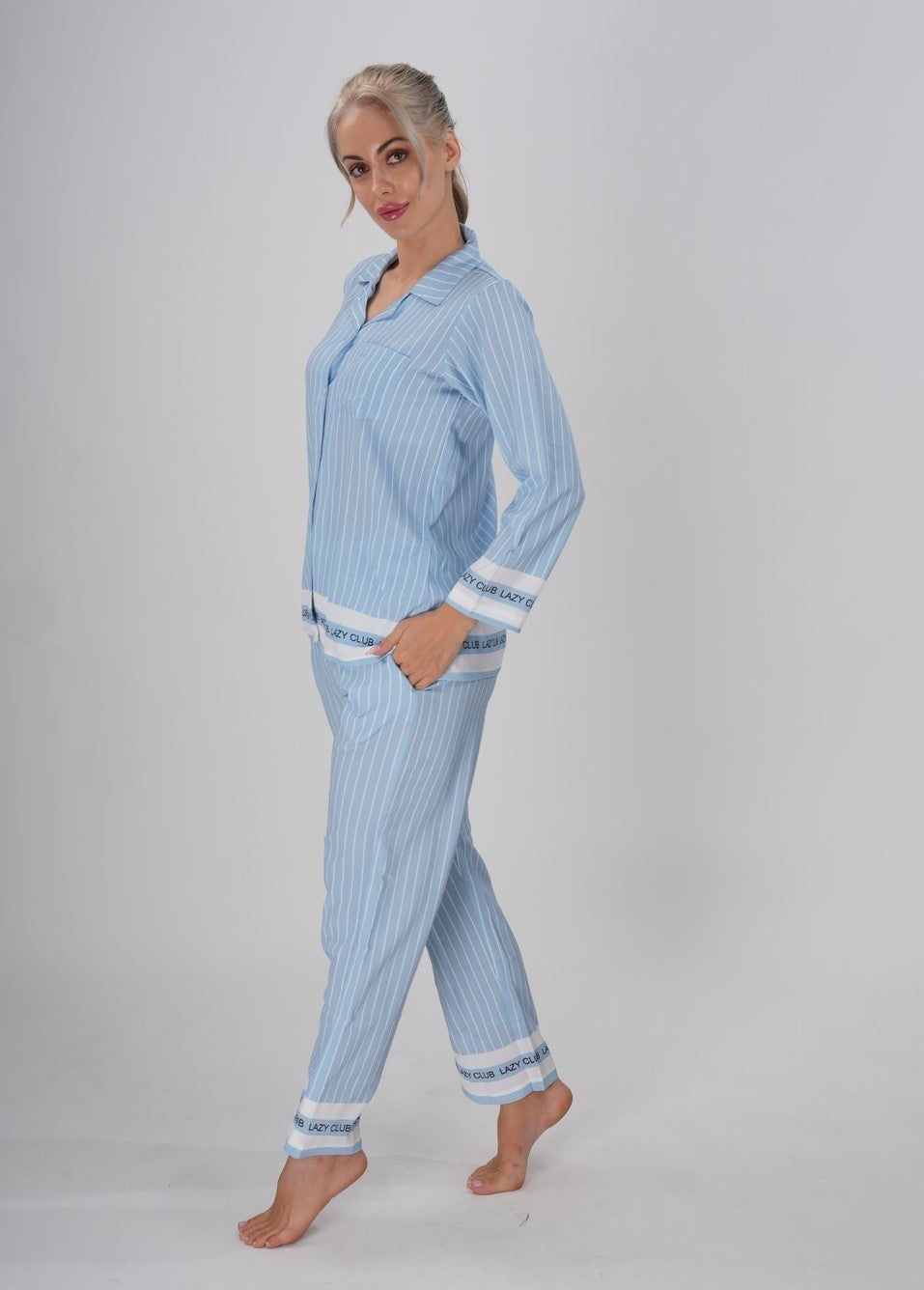 Women’s pastel blue striped pajama set with long sleeves – Morning Mist PJ Set