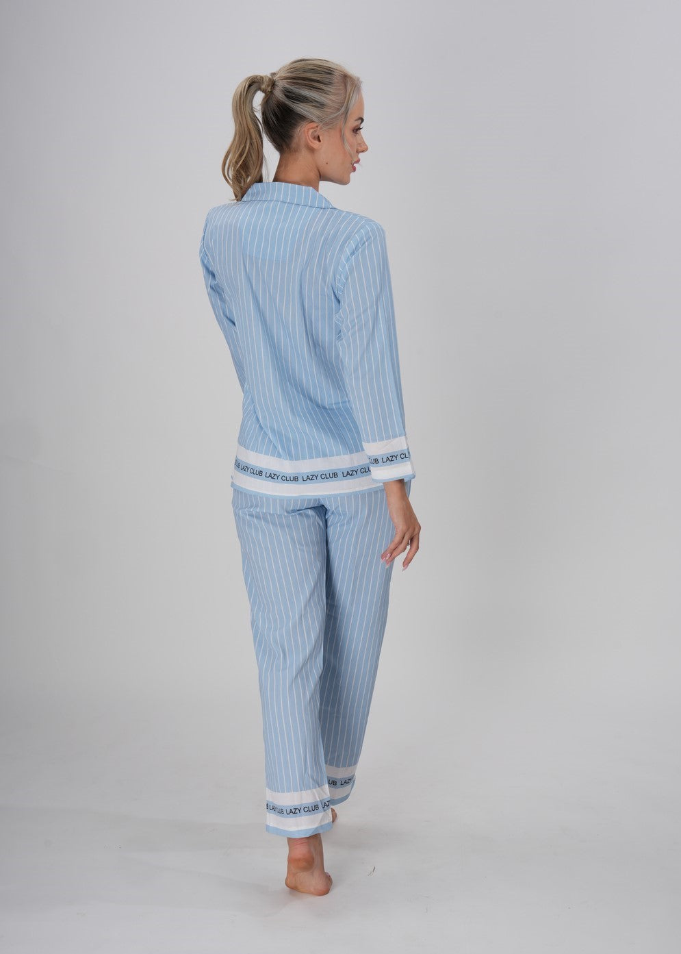Women’s pastel blue striped pajama set with long sleeves – Morning Mist PJ Set